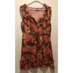 J. Crew Factory Pink Brown Floral 100% Silk Ruffle Sleeveless Mini Dress Size 8